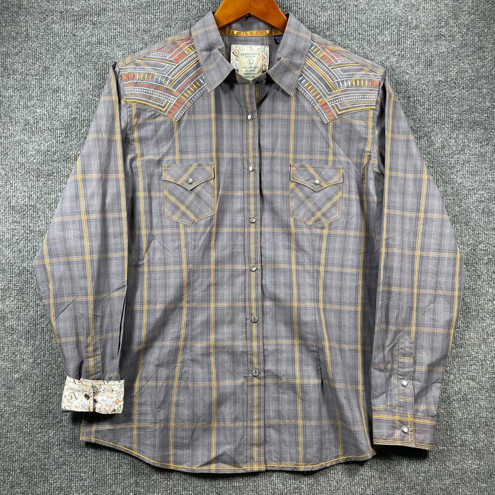 Panhandle Rough Stock Western Pearl Snap Shirt Women's L Gray Plaid Flip Cuff